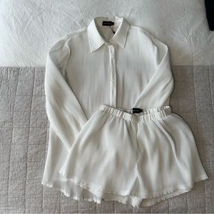 PLT White Plisse Set. Long Sleeve Bottom Front Oversized Shirt/Loose Shorts